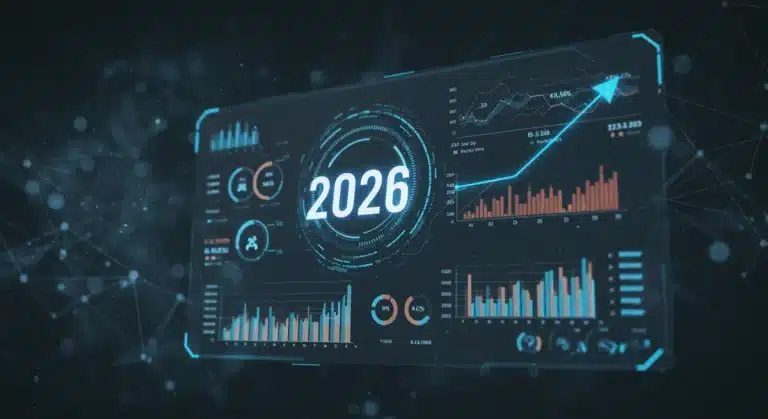 Futuristic digital dashboard showing data driven sales forecasting for 2026 with charts and graphs.