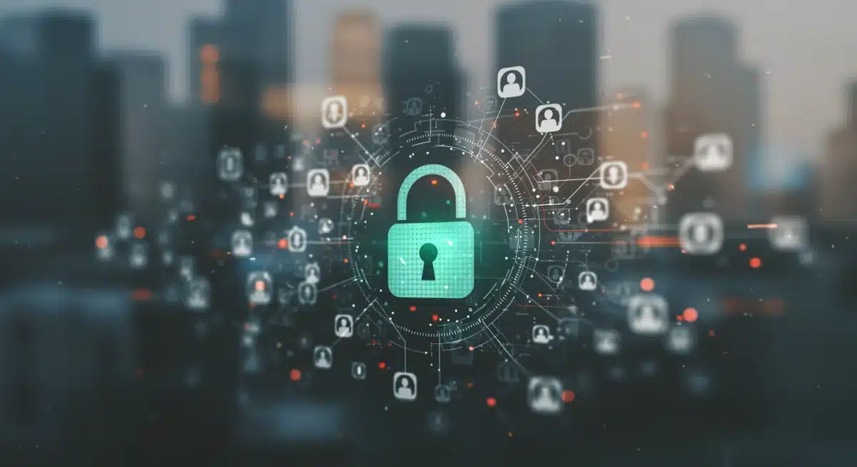 Data privacy illustration with padlock over digital network