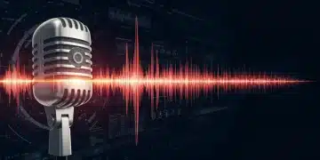 Futuristic microphone with sound waves symbolizing advanced audio marketing strategies for 2026