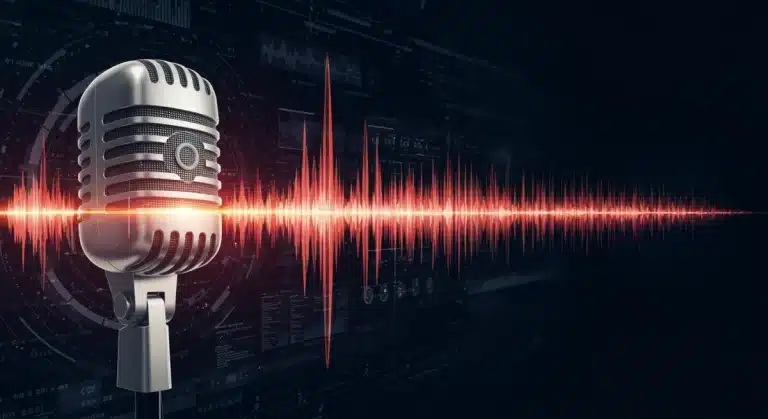 Futuristic microphone with sound waves symbolizing advanced audio marketing strategies for 2026