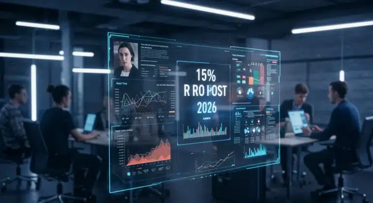 Futuristic digital advertising dashboard with real-time bidding data and ROI projections for 2026