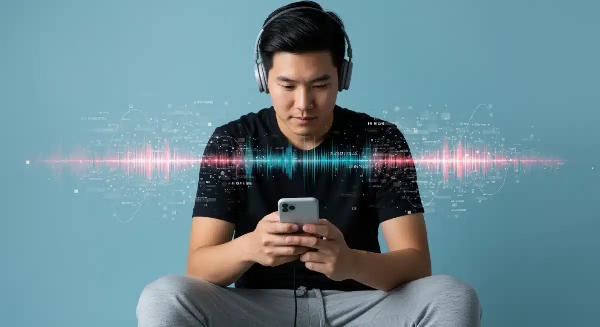 Engaged listener with headphones enjoying a podcast on a mobile device