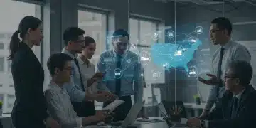 Entrepreneurs collaborating on a digital map showing a resilient US supply chain network.