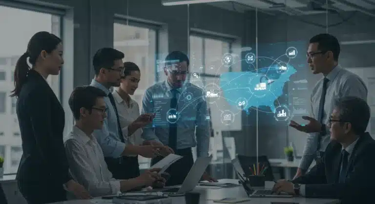Entrepreneurs collaborating on a digital map showing a resilient US supply chain network.