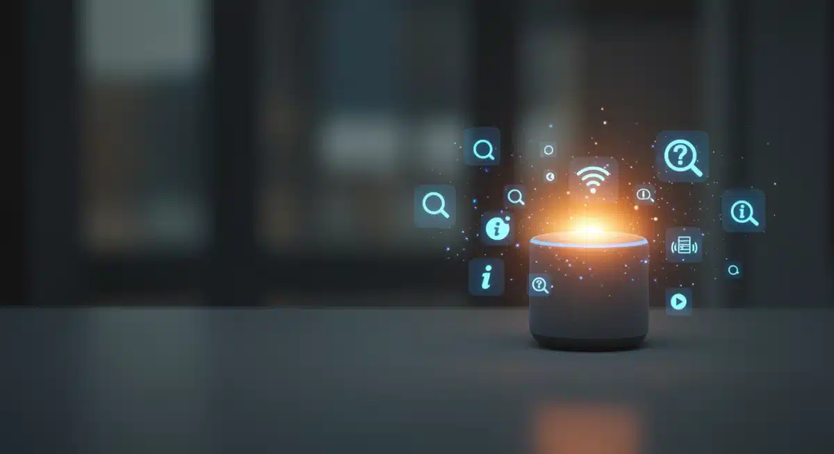 Smart speaker on a desk responding to a voice command, symbolizing voice search optimization