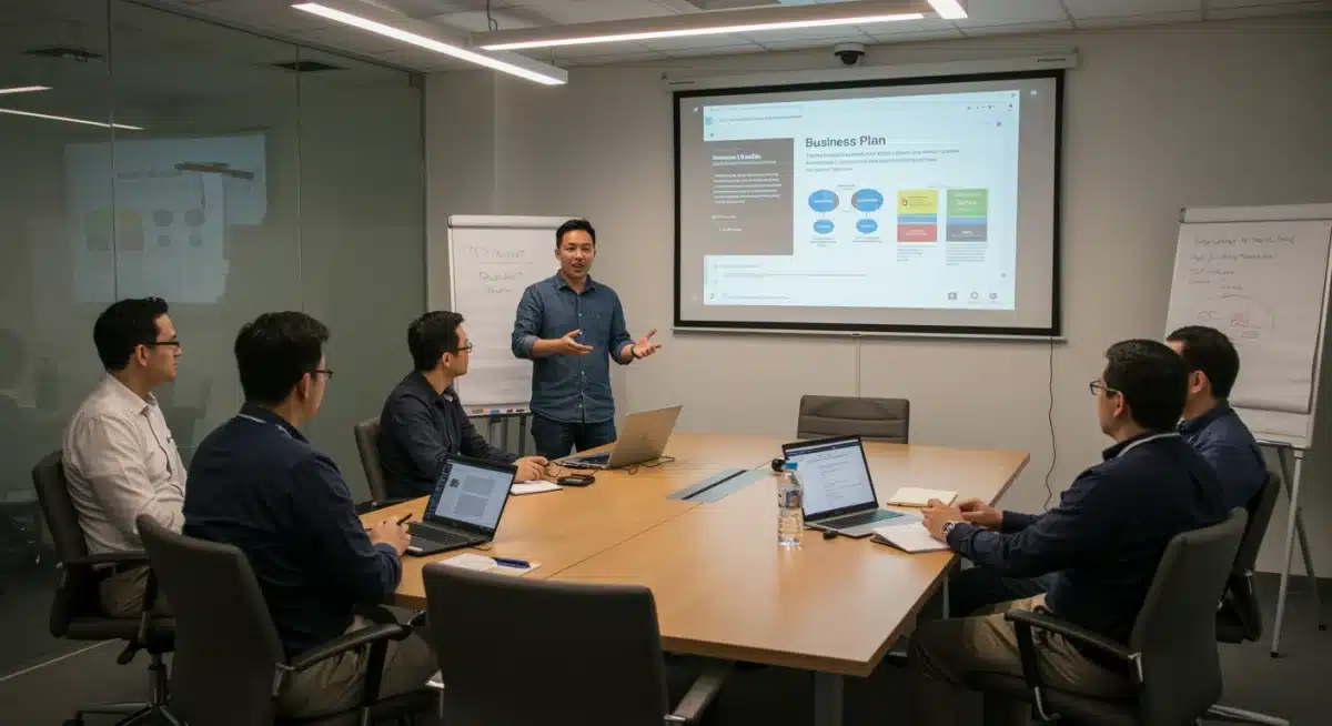 Startup founder pitching to a panel of venture capitalists in a modern boardroom setting.