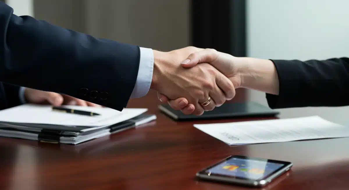 Two hands shaking in a business deal, signifying successful negotiation and agreement.