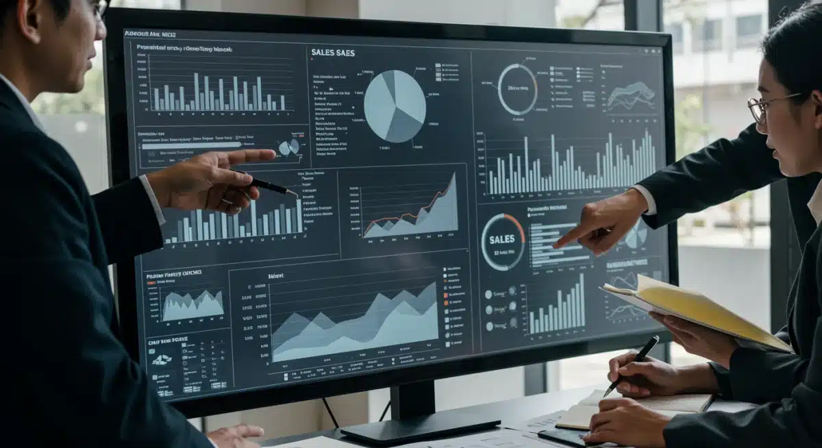 Business team collaborating on sales data visualizations and predictive models.