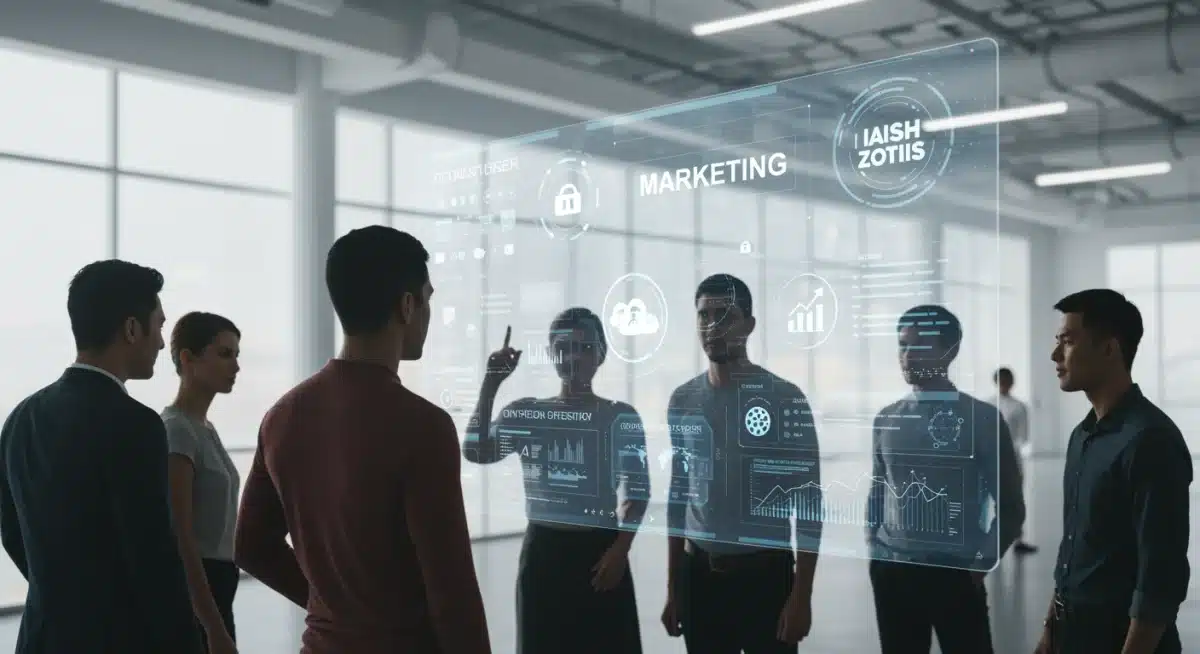 Consumers viewing transparent marketing messages on a holographic screen, symbolizing transparency