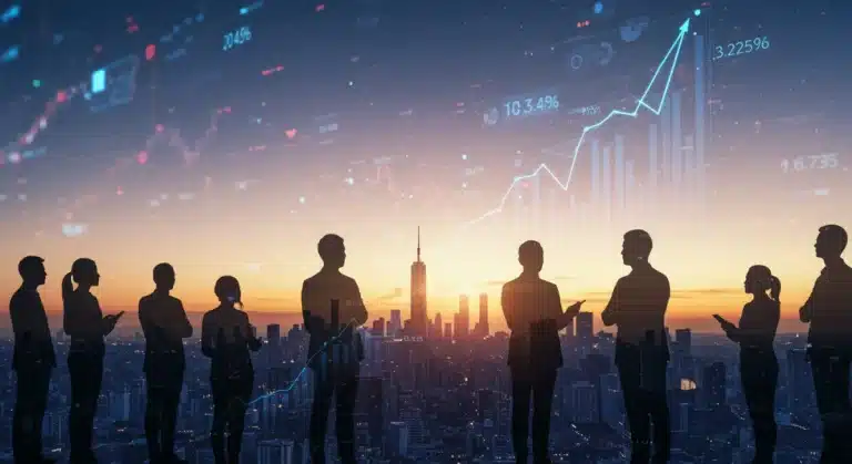 Futuristic cityscape with financial data overlay and confident business professionals, symbolizing venture capital opportunities in Q1 2026.