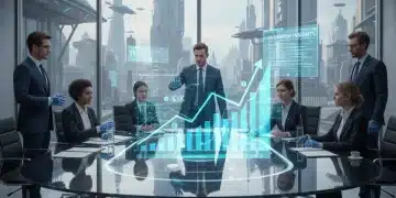 Futuristic sales team analyzing AI-driven growth charts for increased conversion rates