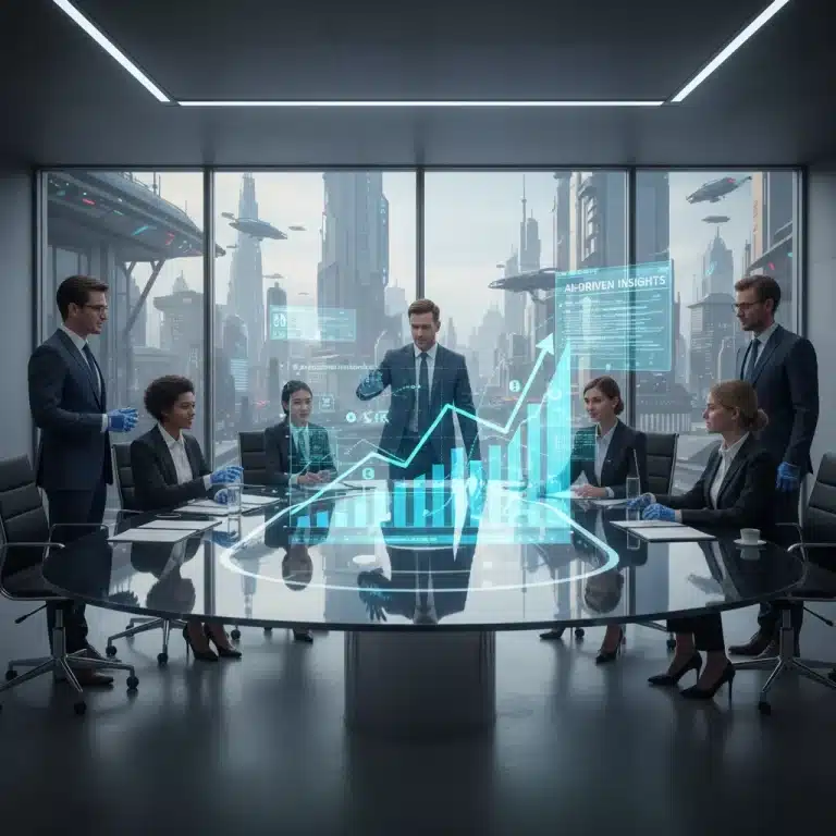 Futuristic sales team analyzing AI-driven growth charts for increased conversion rates