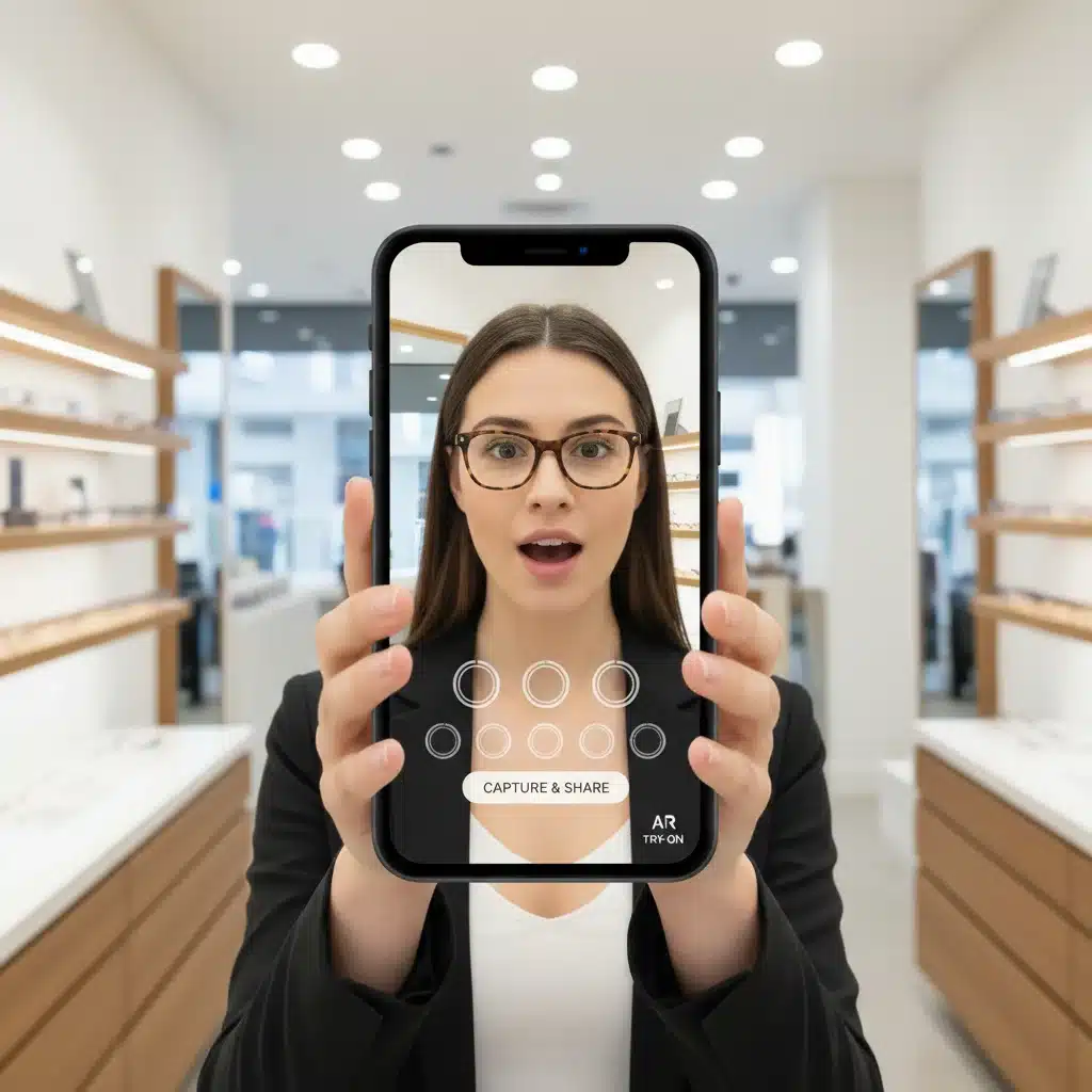 Customer virtually trying on glasses with augmented reality app on smartphone.