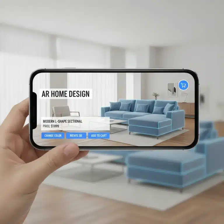 Augmented reality furniture placement in a living room via smartphone for e-commerce shopping experience.