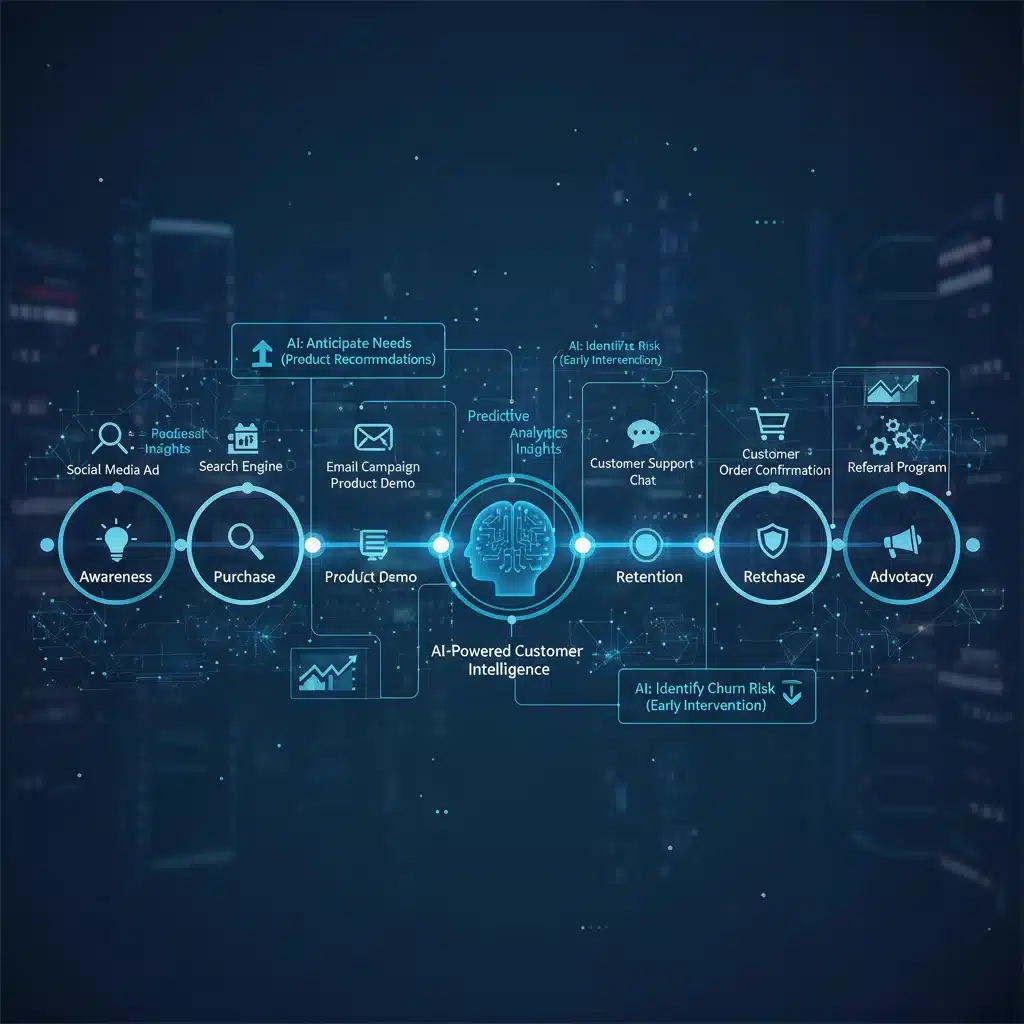 Customer journey map with predictive analytics insights, illustrating lead progression and churn risk identification.