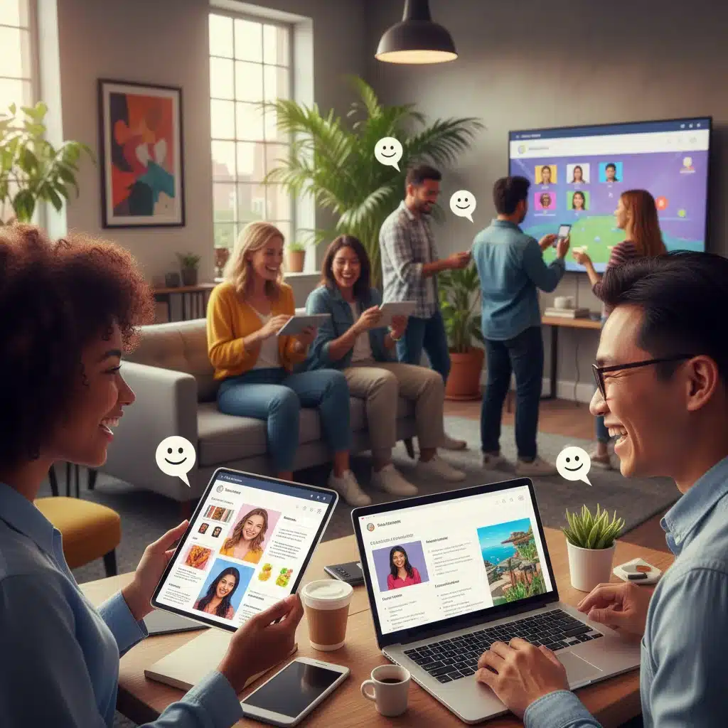 Diverse customers engaging with personalized digital content on various devices.