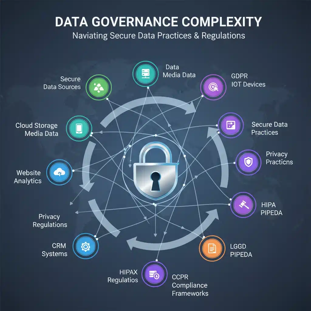 Infographic illustrating data privacy regulations and secure data governance.