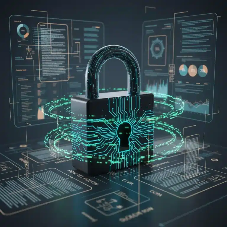 Digital padlock representing data privacy surrounded by legal documents and marketing tools