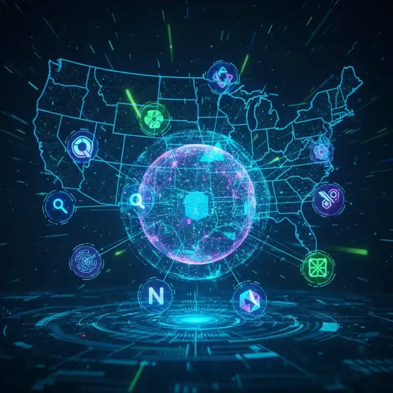 Futuristic digital landscape with emerging search engines and U.S. market dominance