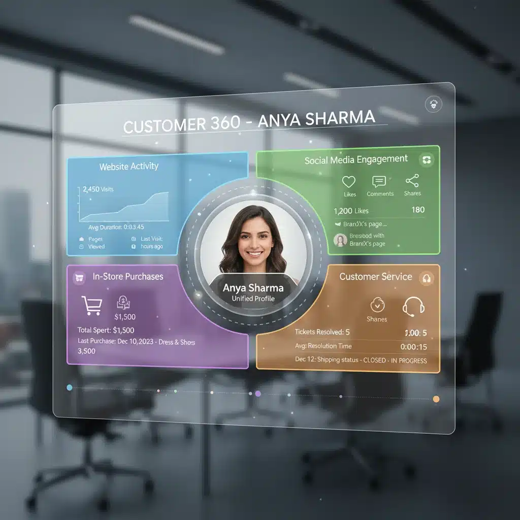 Integrated customer data dashboard showing a 360-degree customer view.