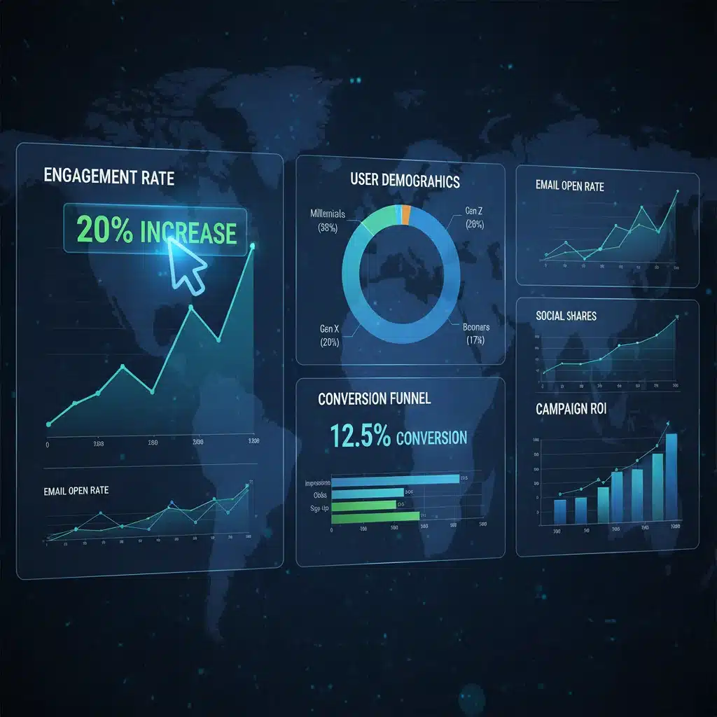 Data dashboard displaying interactive marketing campaign performance metrics, highlighting engagement increase.