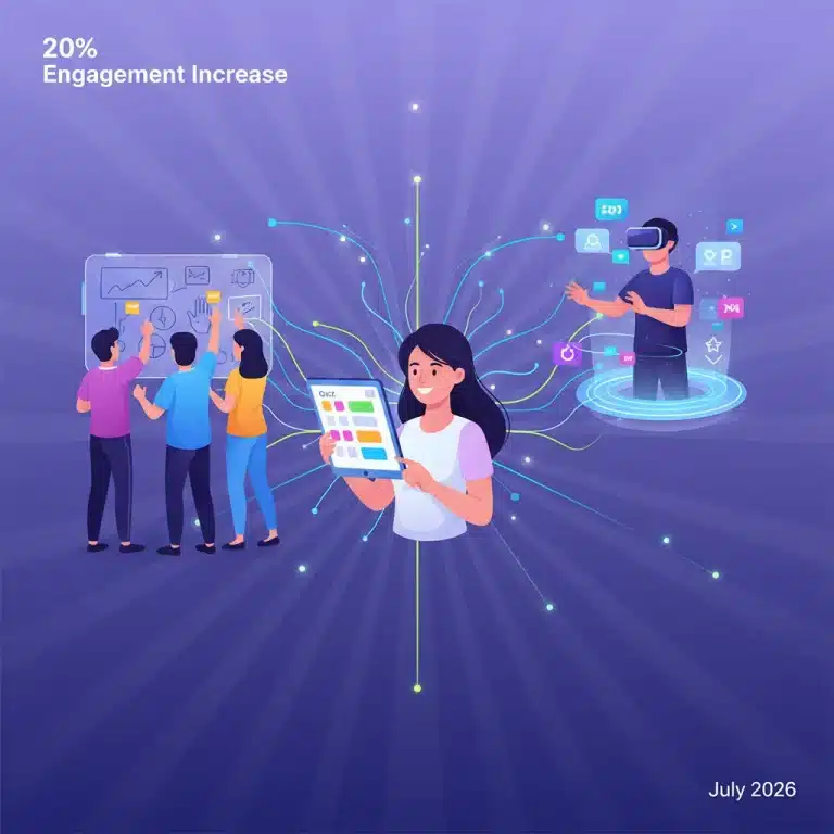 People engaging with diverse interactive marketing experiences like quizzes, VR, and collaborative tools.