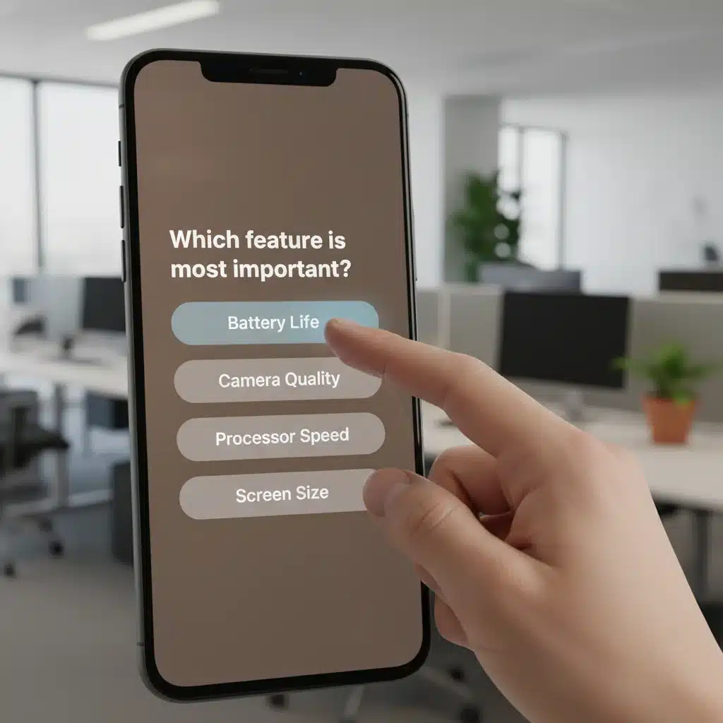 Smartphone displaying an interactive poll, with a hand about to tap an answer.