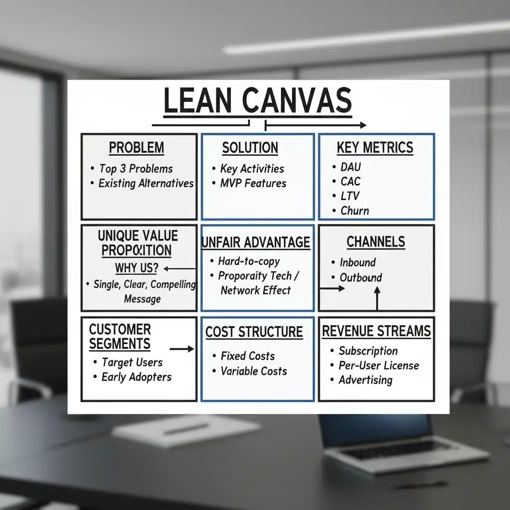 Lean Canvas model illustrating key business components for strategic planning