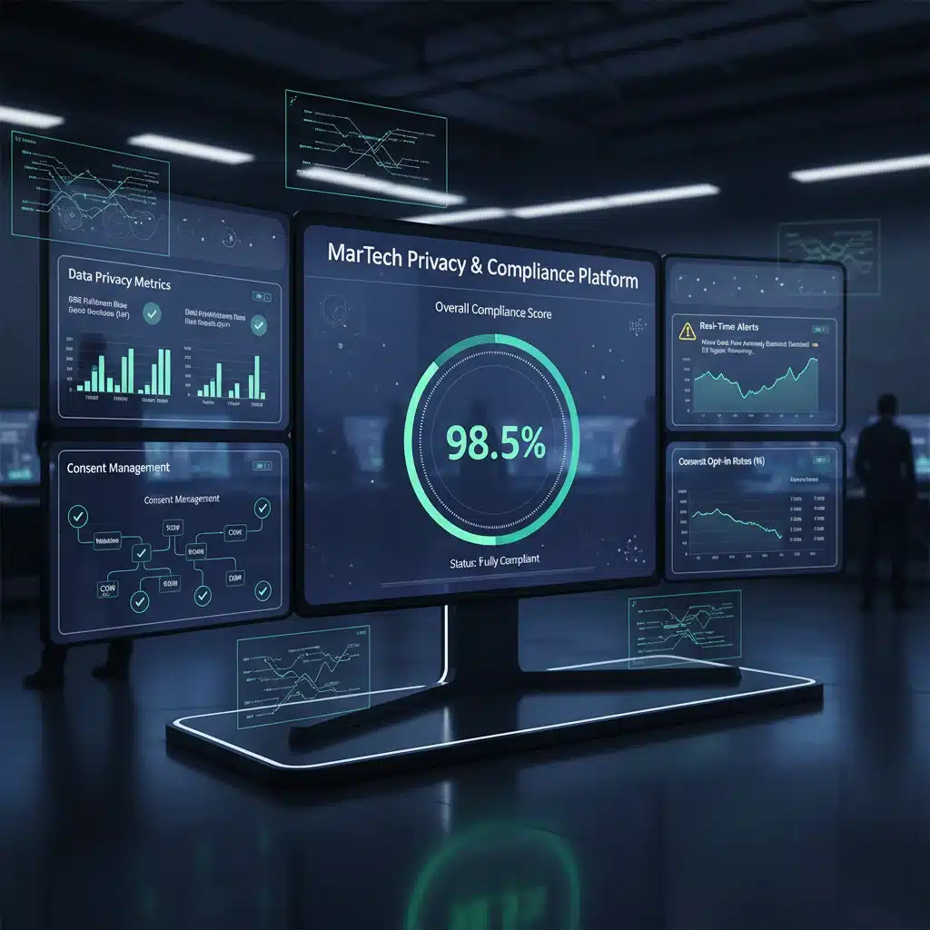 MarTech compliance dashboard showing data flow and consent management
