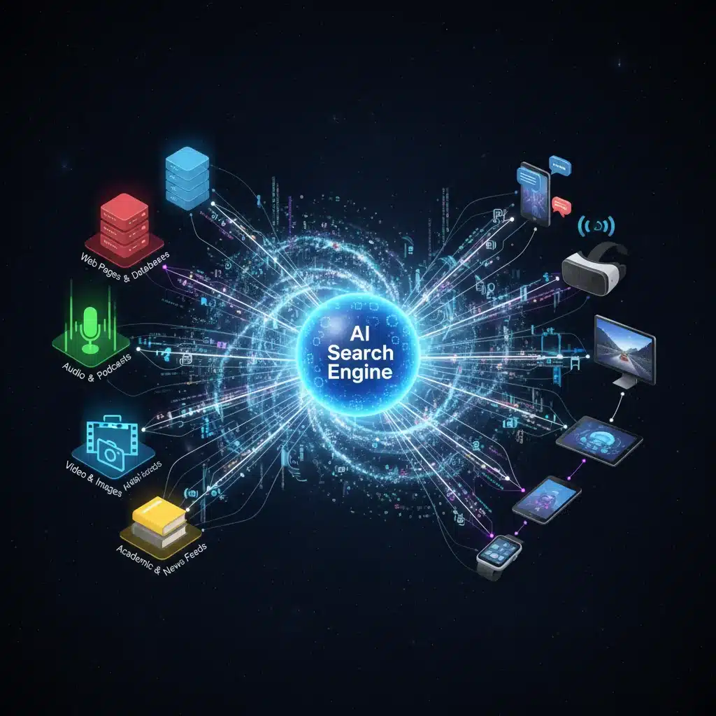 Network of diverse data sources feeding into an AI engine for multi-modal search