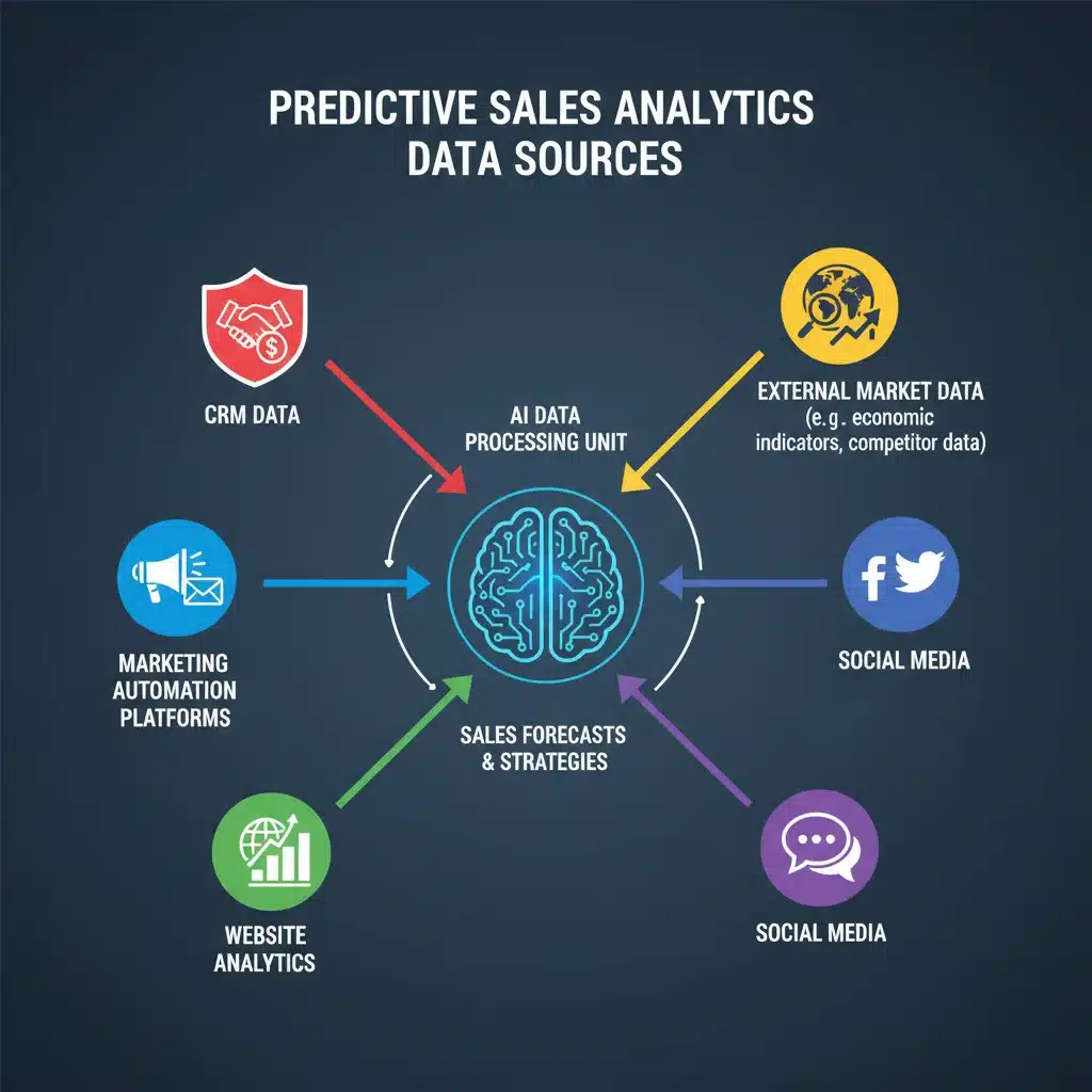 Infographic detailing various data sources for predictive sales analytics, including CRM, marketing, and external data.