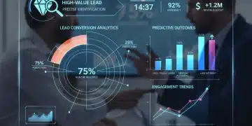 Futuristic dashboard showing predictive analytics for lead scoring, highlighting high-value leads and sales efficiency.