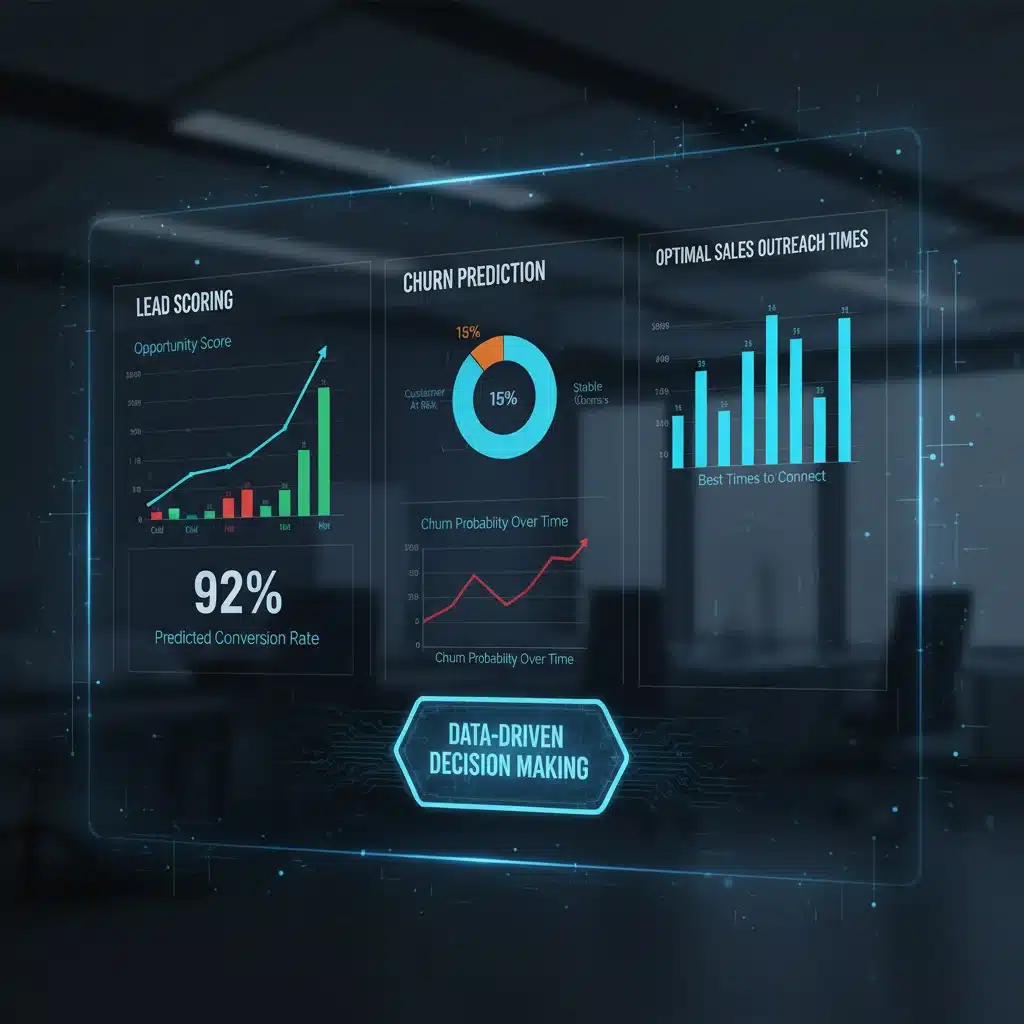 Predictive analytics dashboard showing lead scoring and sales forecasts
