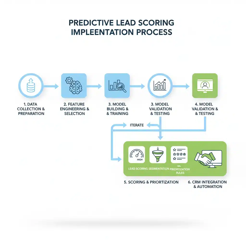 Step-by-step flowchart for implementing predictive lead scoring in a sales and marketing workflow.
