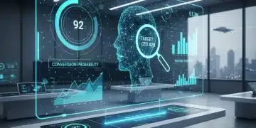 Futuristic sales dashboard with predictive analytics data, showing high-value lead identification and revenue forecasting.
