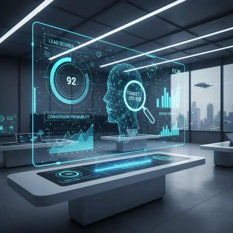 Futuristic sales dashboard with predictive analytics data, showing high-value lead identification and revenue forecasting.