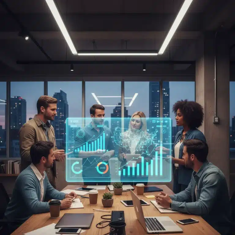 Startup team analyzing growth metrics on a dashboard for U.S. market expansion