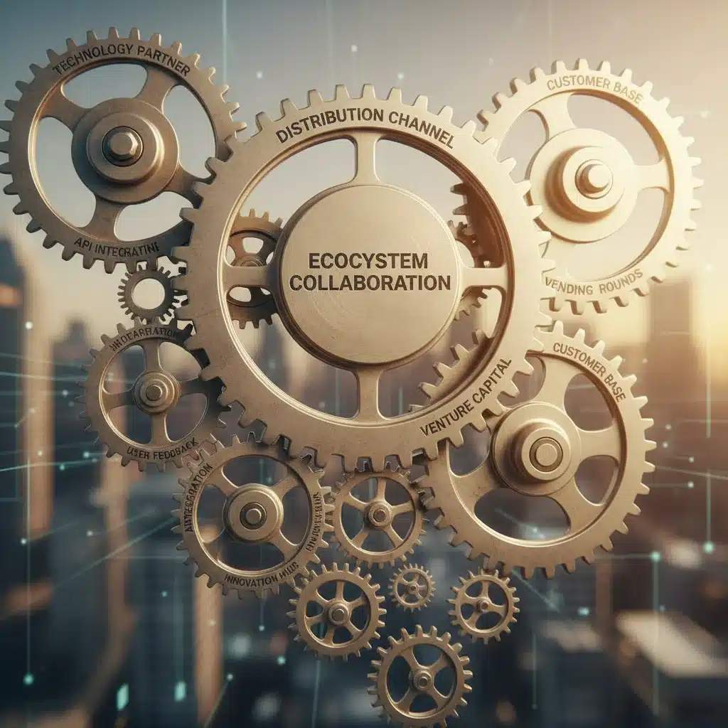 Interconnected gears representing strategic partnerships and startup ecosystem