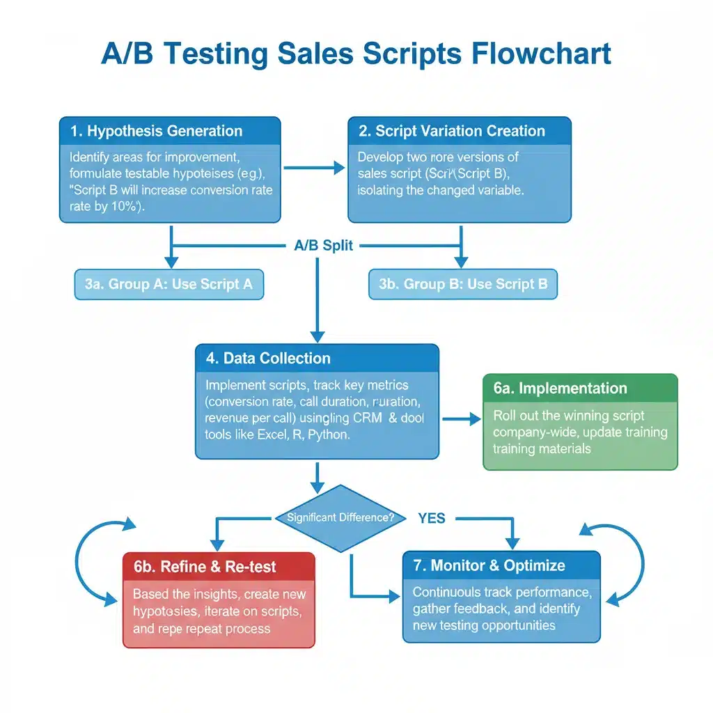 Detailed A/B testing process flowchart for sales scripts