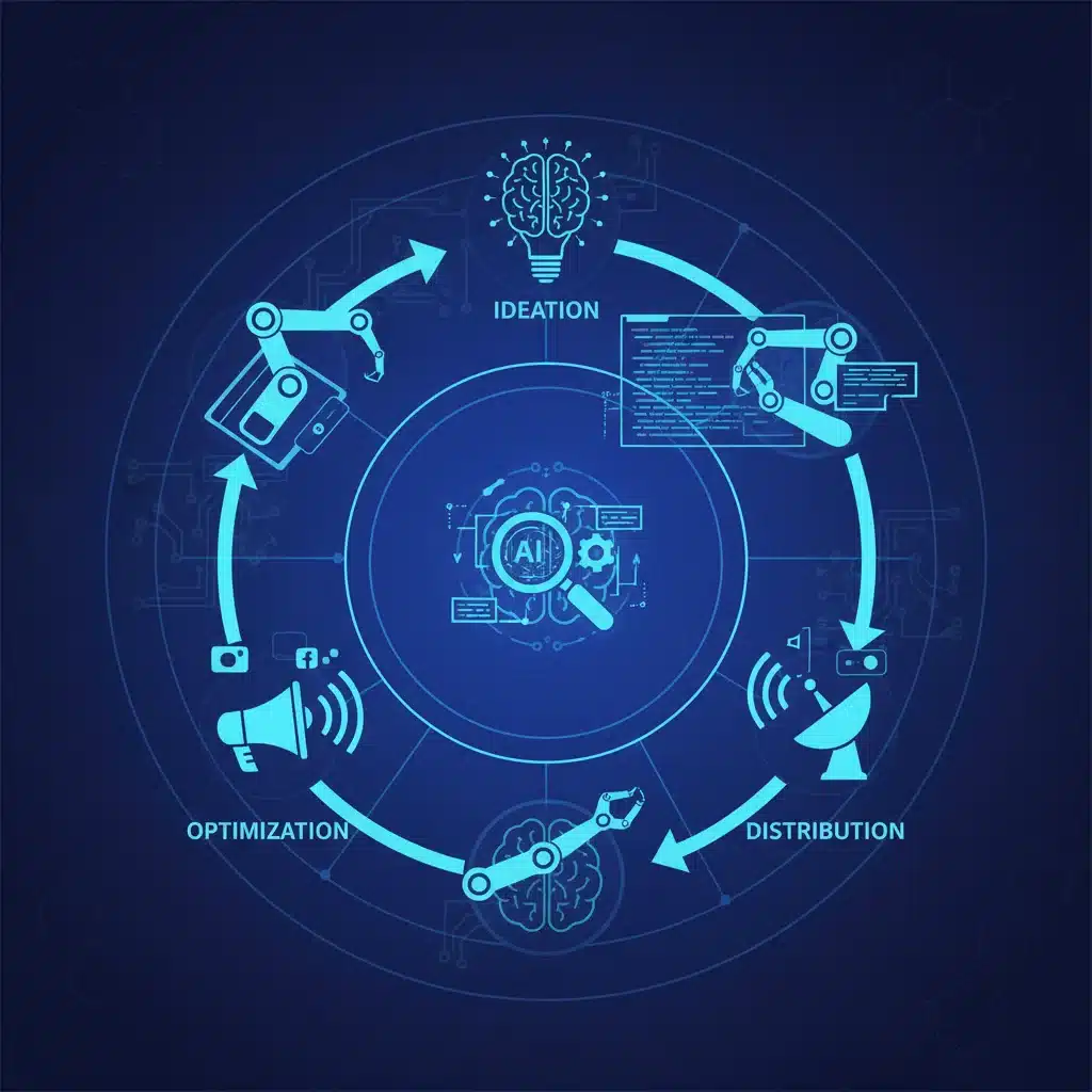 AI-driven content lifecycle automation diagram illustrating ideation to distribution.
