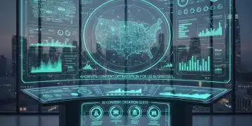Futuristic AI marketing dashboard showing automated content creation processes for US businesses.