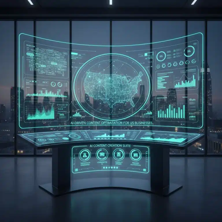 Futuristic AI marketing dashboard showing automated content creation processes for US businesses.