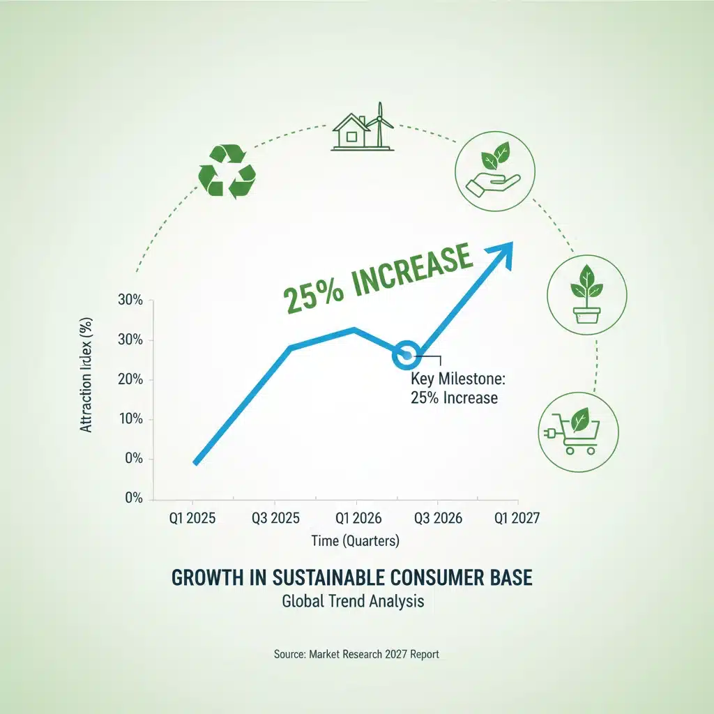 Infographic showing a 25% growth in eco-conscious consumer attraction by Q3 2026, with sustainable practice icons.