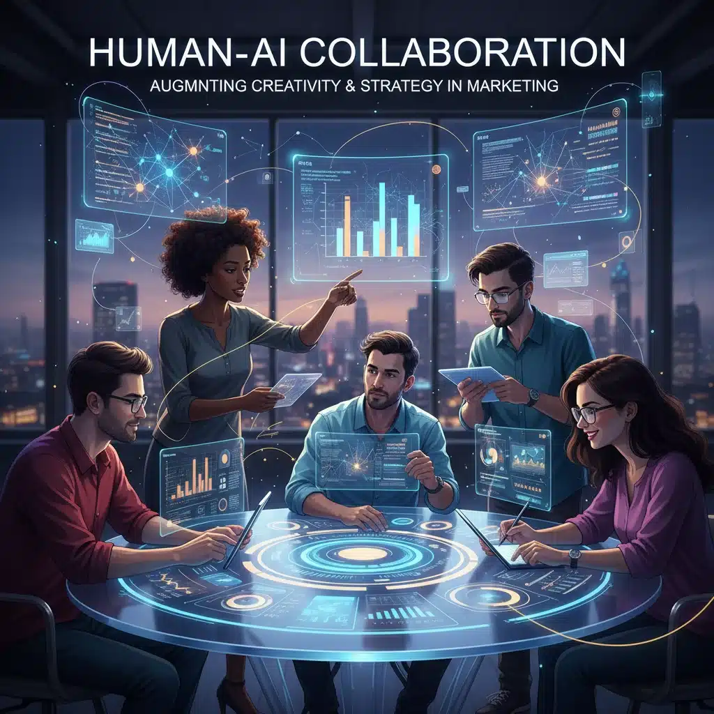 Human marketing team collaborating with AI tools for enhanced strategic decision-making.