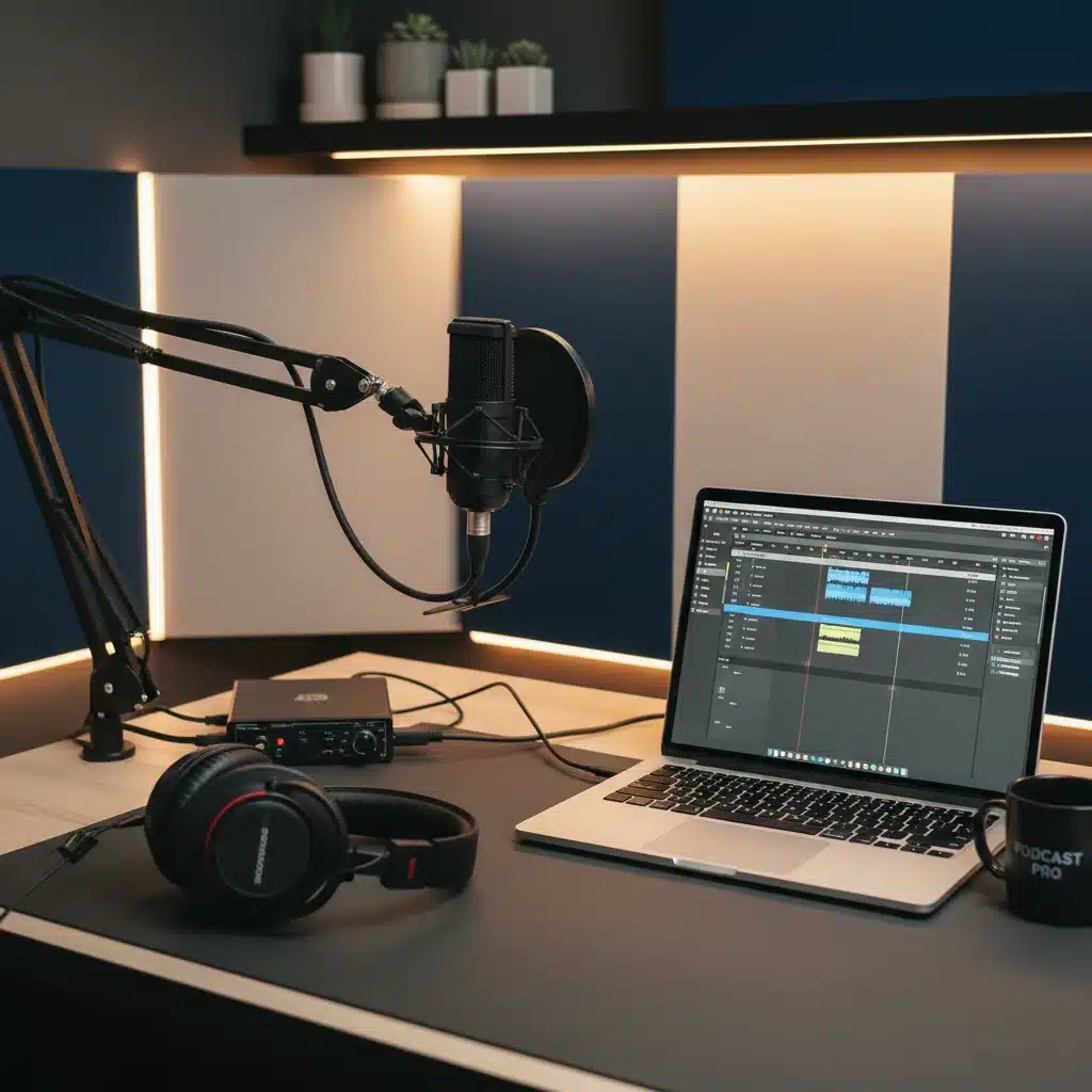 Podcast recording studio setup with microphone and laptop