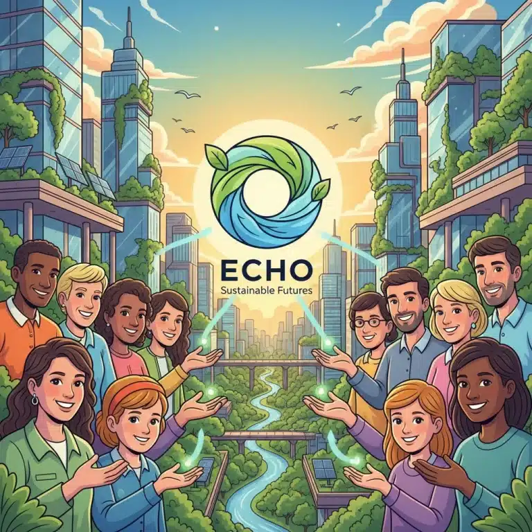 Diverse consumers engaging with a sustainable brand in a green urban setting, symbolizing growth and eco-conscious choices.