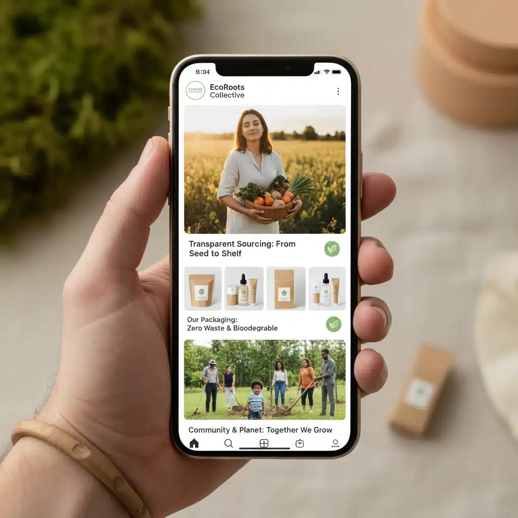 Smartphone showing transparent sustainable brand social media content, highlighting ethical practices.