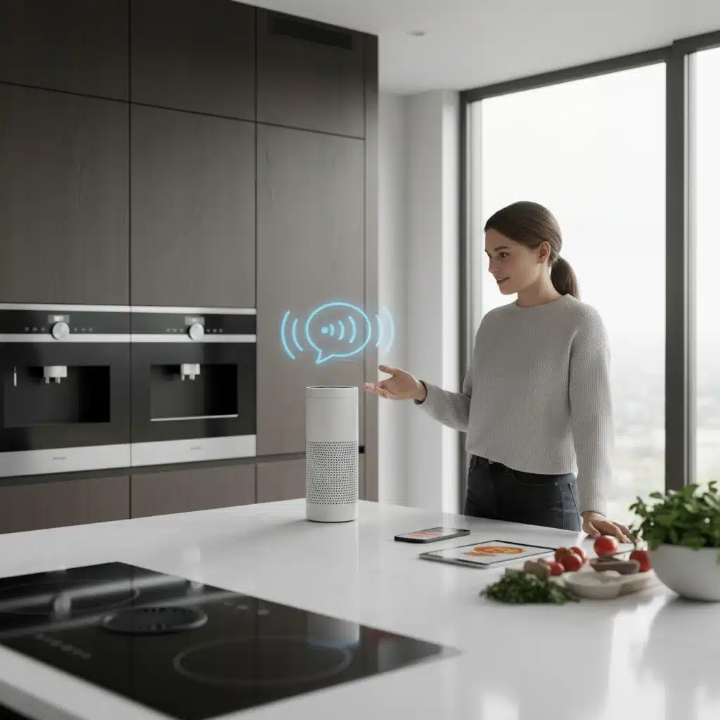Person interacting with a smart speaker for voice search