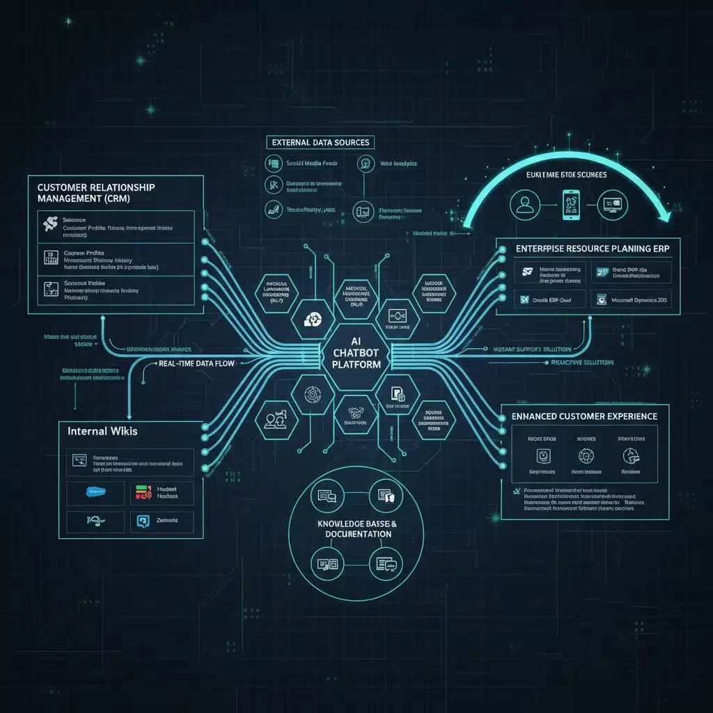 Diagram showing AI chatbot integration with CRM and other business systems.
