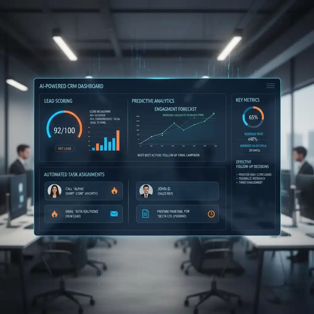 AI-powered CRM dashboard showing lead scoring and predictive analytics